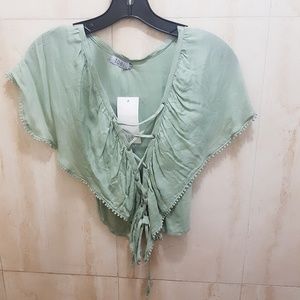 Tobi green lace up boho top